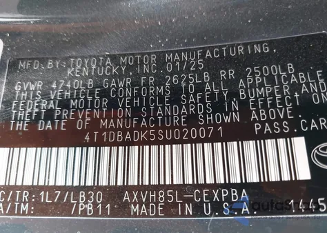 2025 Toyota Camry Xse z USA, uszkodzony, nr VIN 4T1DBADK5SU020071